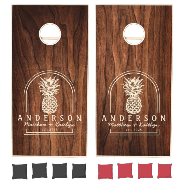 Antique Cherry Wood Pineapple Wedding Arch & Name Cornhole Set (Set)