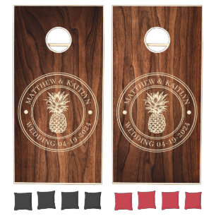 Antique Cherry Wood Pineapple Wedding Names Cornhole Set