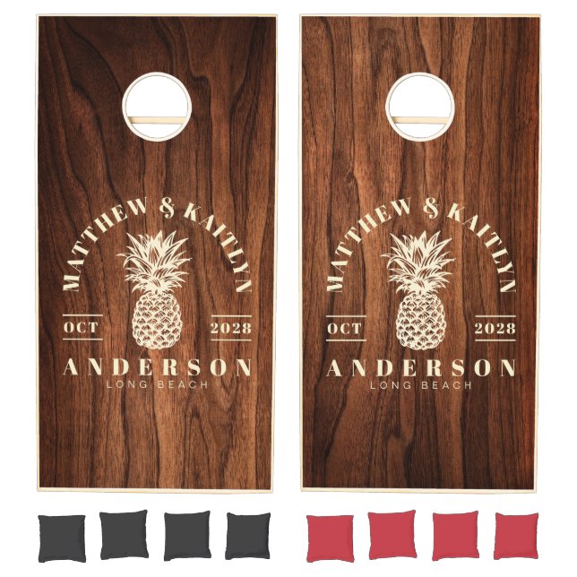 Antique Cherry Wood Tropical Pineapple Wedding Cornhole Set (Set)
