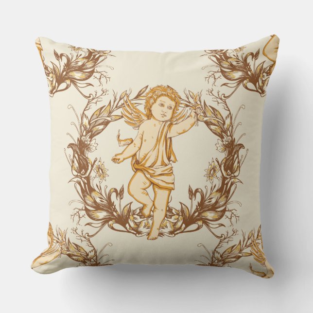 Antique Cherub Wreath Pattern Throw Pillow (Front)