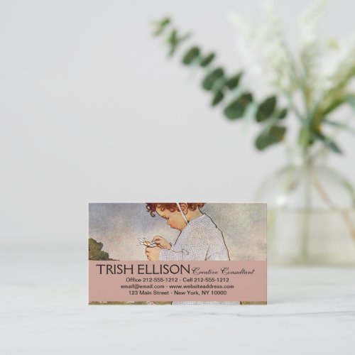 Antique Child Picking Daisies Flowers Business Card