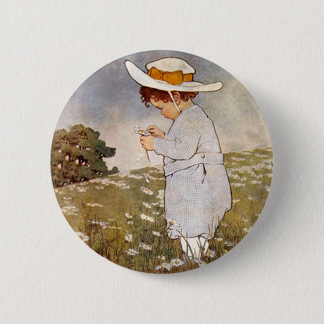 Antique Child Picking Daisies Flowers Button (Front)