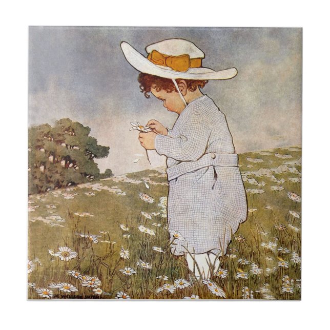 Antique Child Picking Daisies Flowers Ceramic Tile (Front)