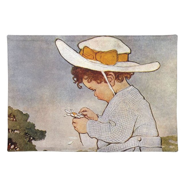 Antique Child Picking Daisies Flowers Cloth Placemat (Front)