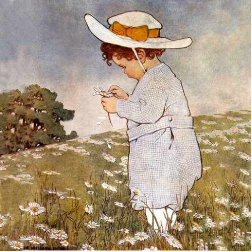 Antique Child Picking Daisies Flowers Cutout