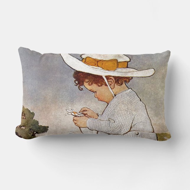 Antique Child Picking Daisies Flowers Lumbar Pillow (Front)