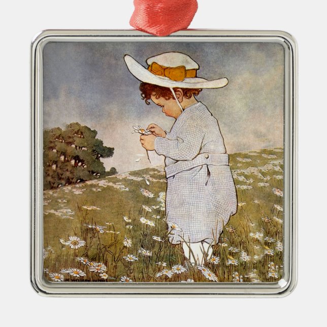 Antique Child Picking Daisies Flowers Metal Ornament (Front)
