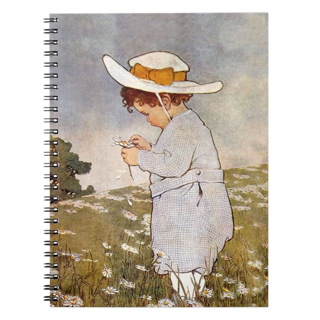 Antique Child Picking Daisies Flowers Notebook (Front)