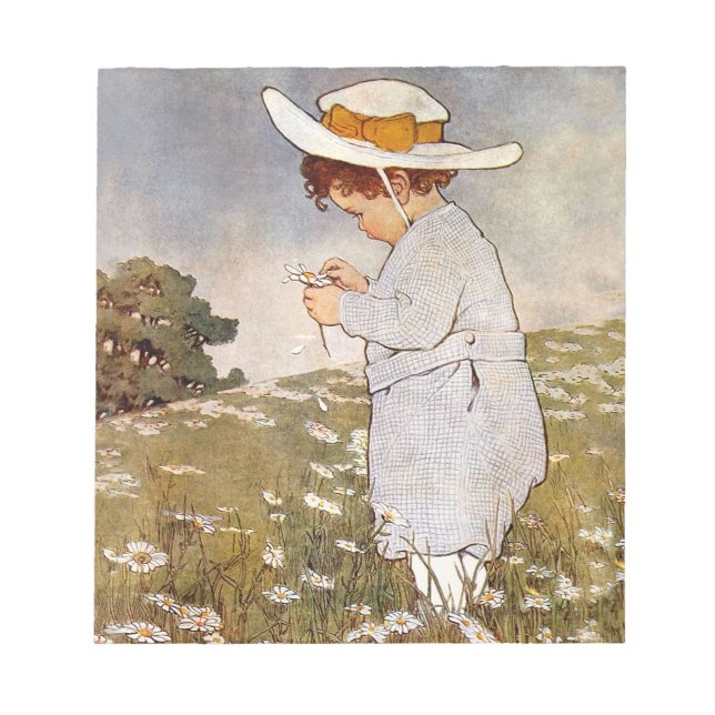 Antique Child Picking Daisies Flowers Notepad (Front)