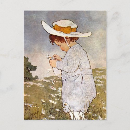 Antique Child Picking Daisies Flowers Postcard