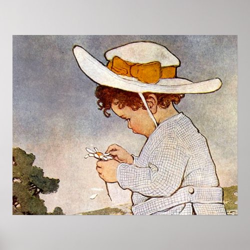 Antique Child Picking Daisies Flowers Poster