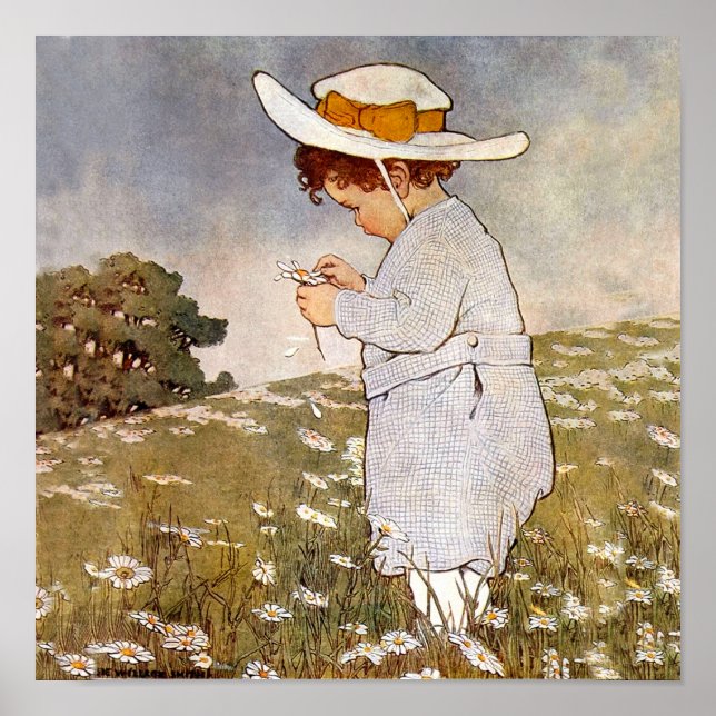 Antique Child Picking Daisies Flowers Poster (Front)