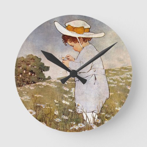 Antique Child Picking Daisies Flowers Round Clock