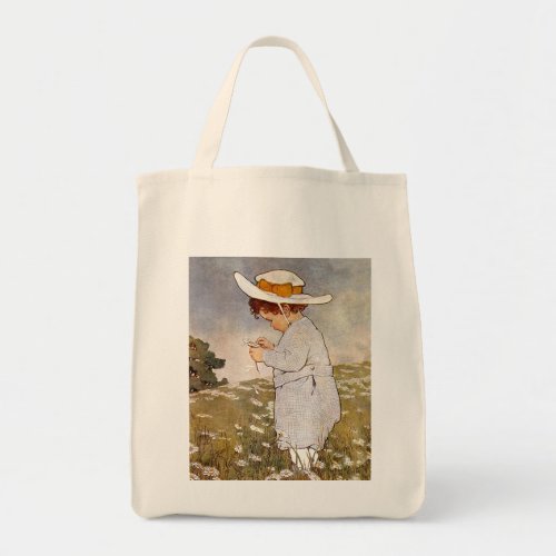 Antique Child Picking Daisies Flowers Tote Bag