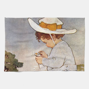 Antique Child Picking Daisies Flowers Towel