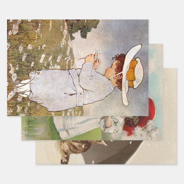 Antique Child Picking Daisies Flowers Wrapping Paper Sheets (Set)