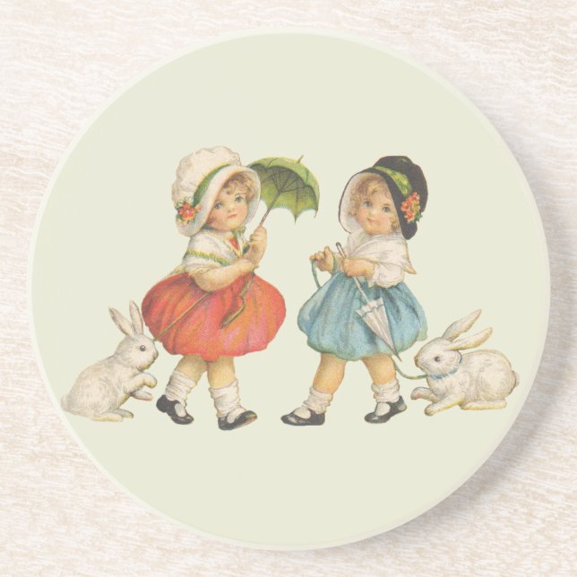 Antique Children Rabbit Easter Art Drink Coaster (Front)