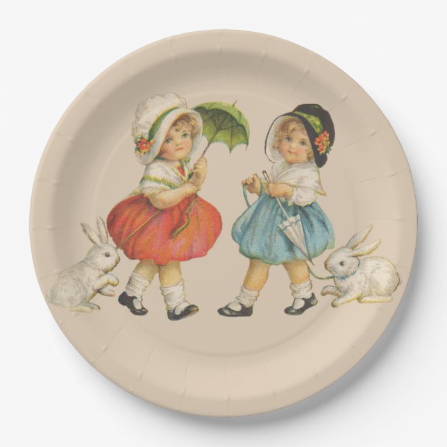 Antique Children Rabbit Easter Art Paper Plates (Front)