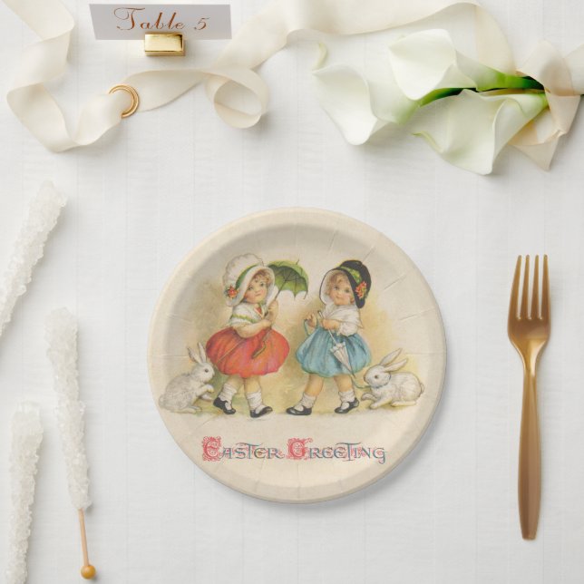 Antique Children Rabbit Easter Art Paper Plates (Wedding)