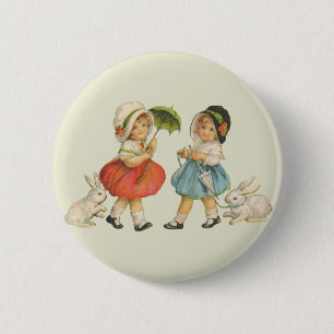 Antique Children Rabbit Easter Art Pinback Button