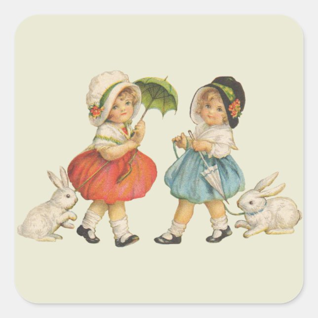Antique Children Rabbit Easter Art Square Sticker (Front)