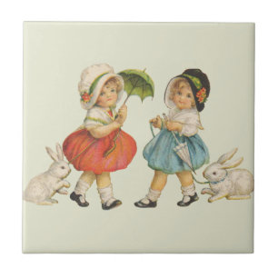 Antique Children Rabbit Easter Art Tile