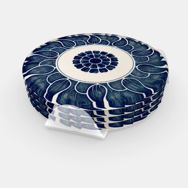 Antique Chinese Blue and White Leaf Pattern Coaster Set (Set)