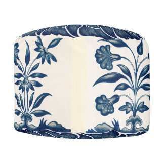 Antique Chinese Blue and White Leaf Pattern Pouf
