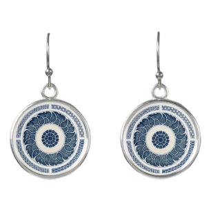 Antique Chinese Blue White Porcelain Pattern Earrings