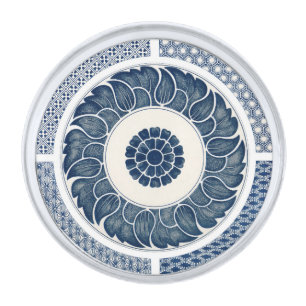 Antique Chinese Blue White Porcelain Pattern Silver Finish Lapel Pin