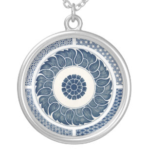 Antique Chinese Blue White Porcelain Pattern Silver Plated Necklace