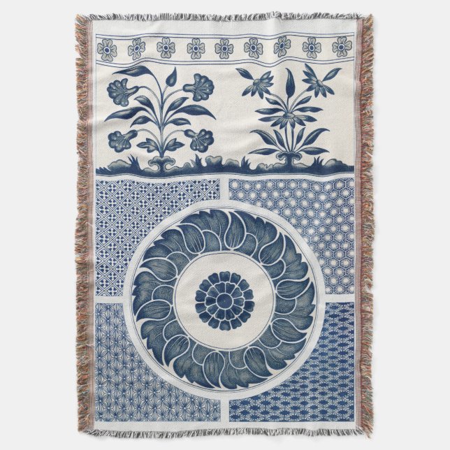 Antique Chinese Blue White Porcelain Pattern Throw Blanket (Front Vertical)