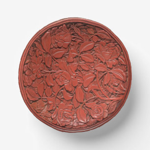 Antique Chinese Cinnabar Carved Floral Faux China Paper Bowls