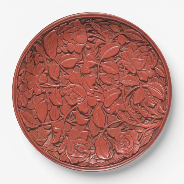 Antique Chinese Cinnabar Carved Floral Faux China Paper Plates (Front)