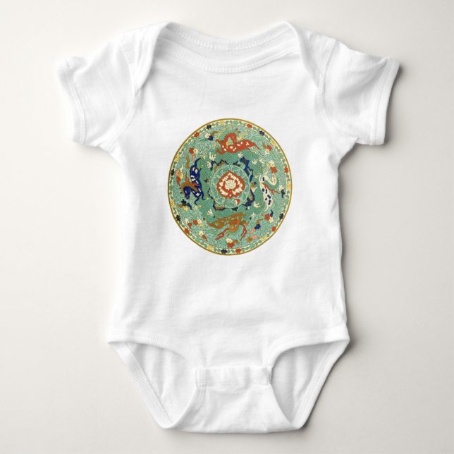 Antique Chinese Circle Blue Green Baby Bodysuit (Front)