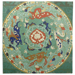 Antique Chinese Circle Blue Green Cloth Napkin