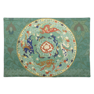 Antique Chinese Circle Blue Green Cloth Placemat