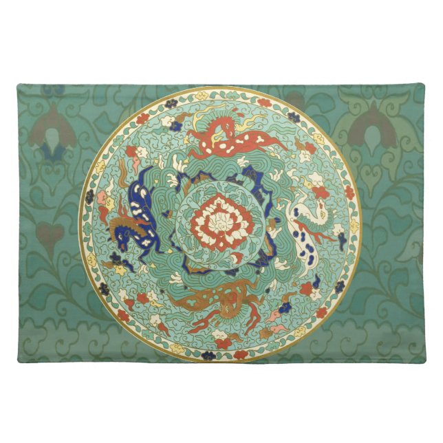 Antique Chinese Circle Blue Green Cloth Placemat (Front)