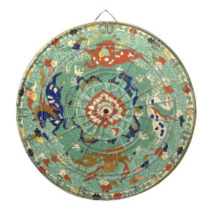 Antique Chinese Circle Blue Green Dartboard With Darts