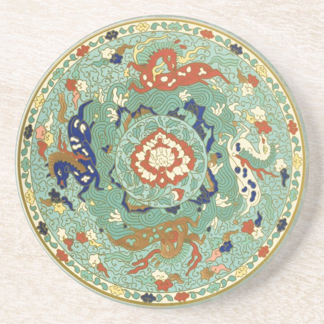 Antique Chinese Circle Blue Green Drink Coaster (Front)