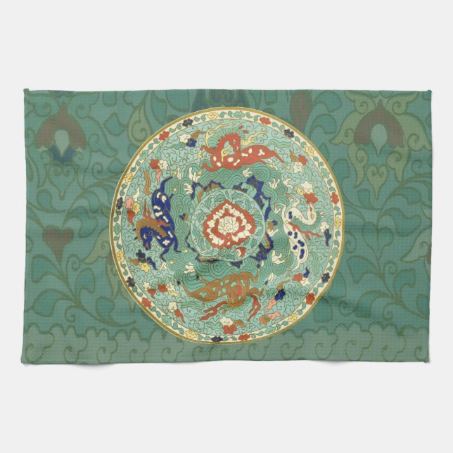 Antique Chinese Circle Blue Green Kitchen Towel (Horizontal)