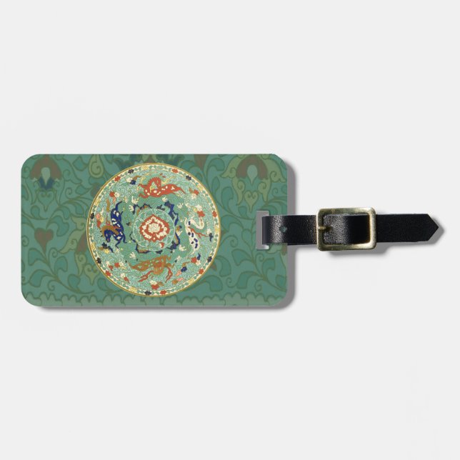 Antique Chinese Circle Blue Green Luggage Tag (Front Horizontal)