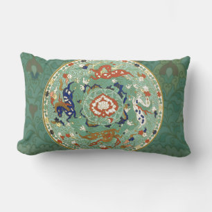 Antique Chinese Circle Blue Green Lumbar Pillow