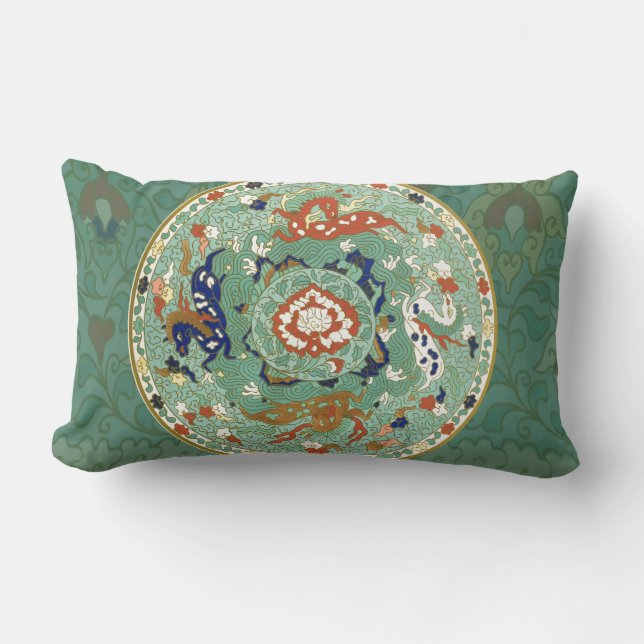 Antique Chinese Circle Blue Green Lumbar Pillow (Front)