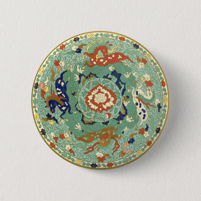 Antique Chinese Circle Blue Green Pinback Button (Front)