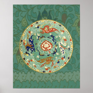 Antique Chinese Circle Blue Green Poster
