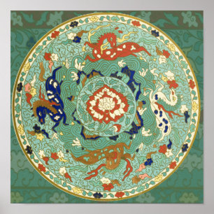 Antique Chinese Circle Blue Green Poster
