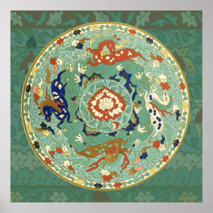 Antique Chinese Circle Blue Green Poster