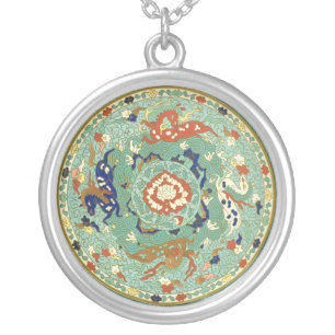 Antique Chinese Circle Blue Green Silver Plated Necklace