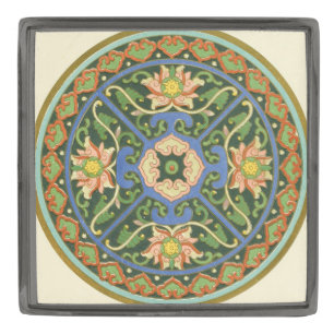 Antique Chinese Cloisonne Pattern: Jade Green Gunmetal Finish Lapel Pin